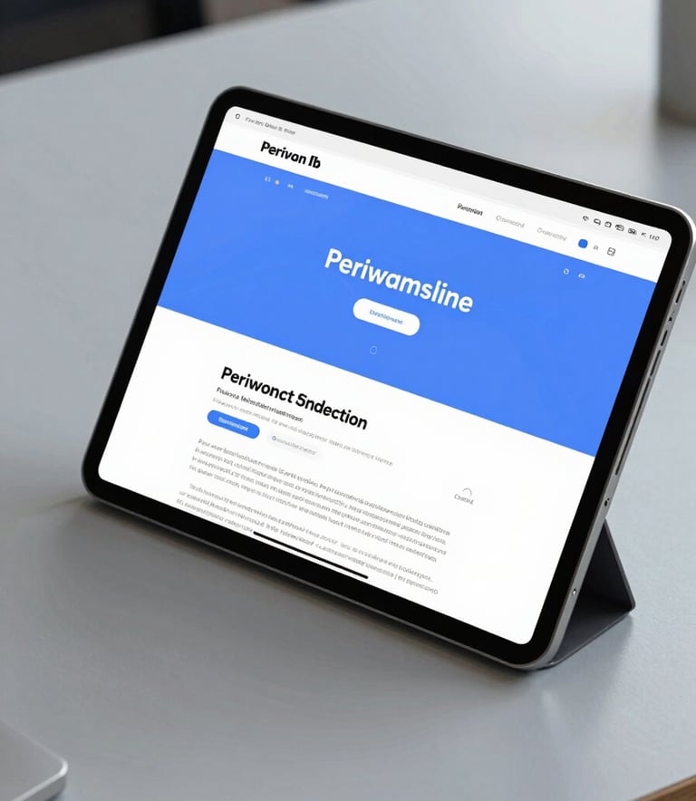 A close-up shot of a high-resolution tablet displaying a sleek, modern website interface with Periwinkle Blue accents, resting on a Cloud Grey desk in a bright office.