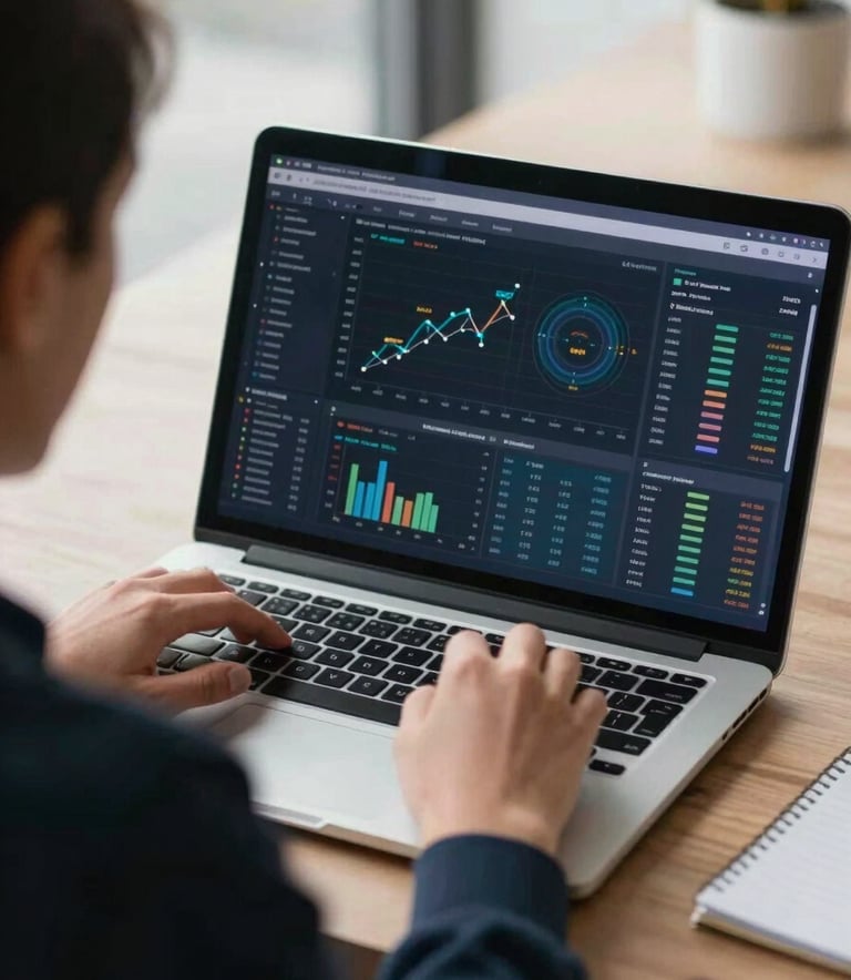 An over-the-shoulder shot of a digital marketer analyzing complex data charts on a laptop screen, with natural lighting and a hint of a Dark Navy office chair.