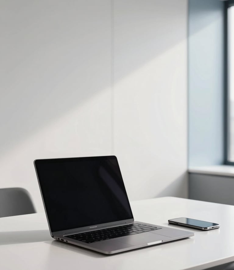 A high-end, modern workspace with a sleek laptop and a smartphone on a clean desk. The background features a minimalist office wall in Soft Cloud White with subtle Steel Blue accents. Lighting is professional and bright.