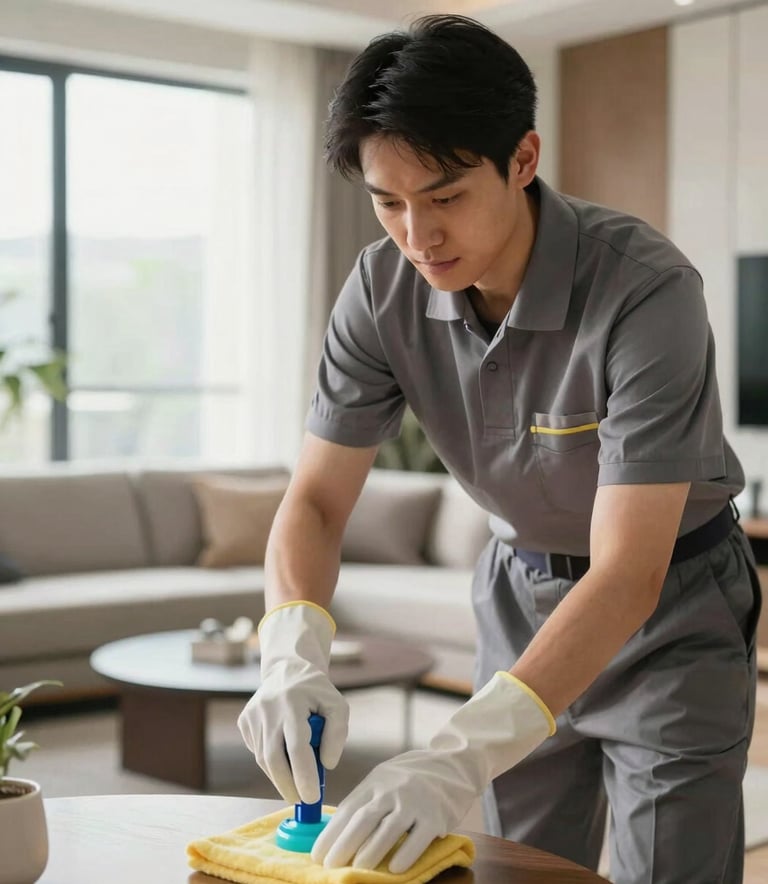 A  cleaner wearing a subtle uniform and gloves, carefully cleaning a modern North American living room with high-quality supplies, bright natural light, clean and professional atmosphere.