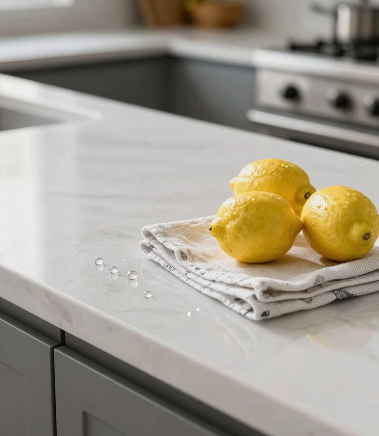 Close-up of a sparkling clean modern kitchen counter in a North American home, with a few fresh lemons and a clean microfiber cloth, bright and airy lighting.