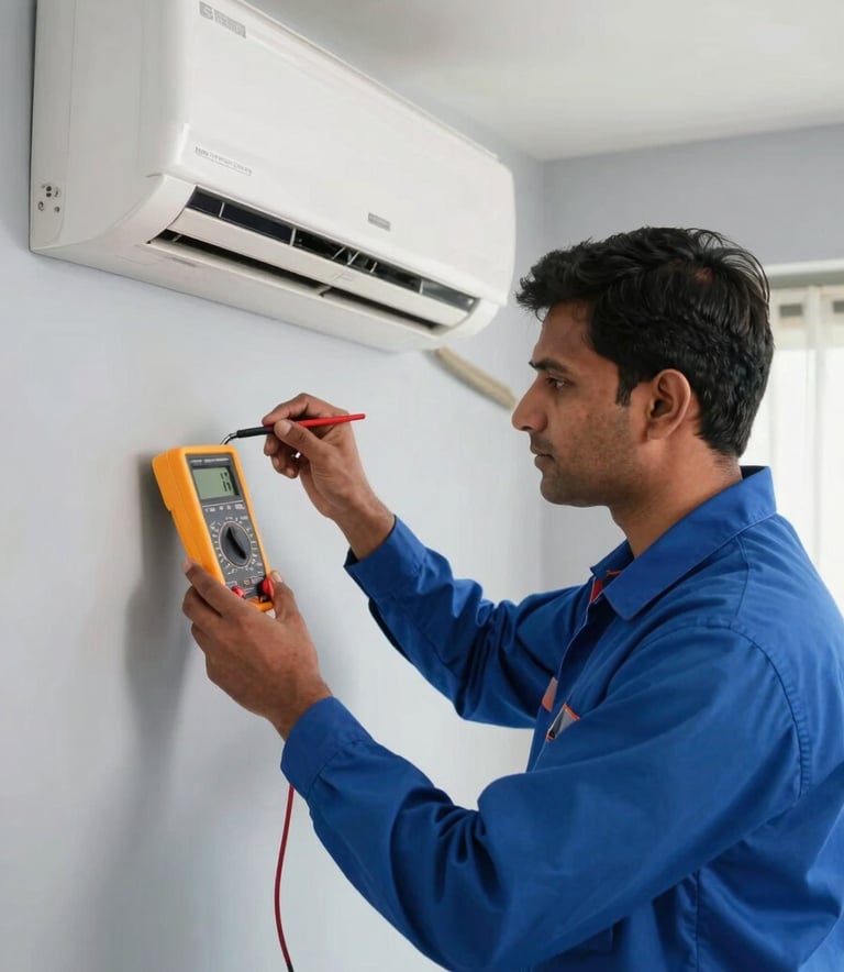 A professional South Asian / Indian technician in a steel blue uniform, using a digital multimeter to check a modern wall-mounted air conditioner. The setting is a clean, bright residential interior in Noida with soft natural lighting and light gray walls.