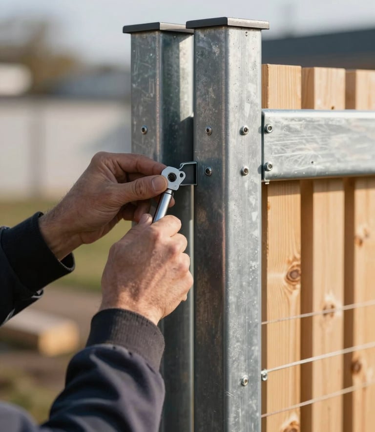 A close-up photograph of a professional installing a modern steel and timber fence. The lighting is bright morning sun, highlighting the Steel Grey metal and the natural grain of the wood. The composition is sharp and focused on the precision of the joints.