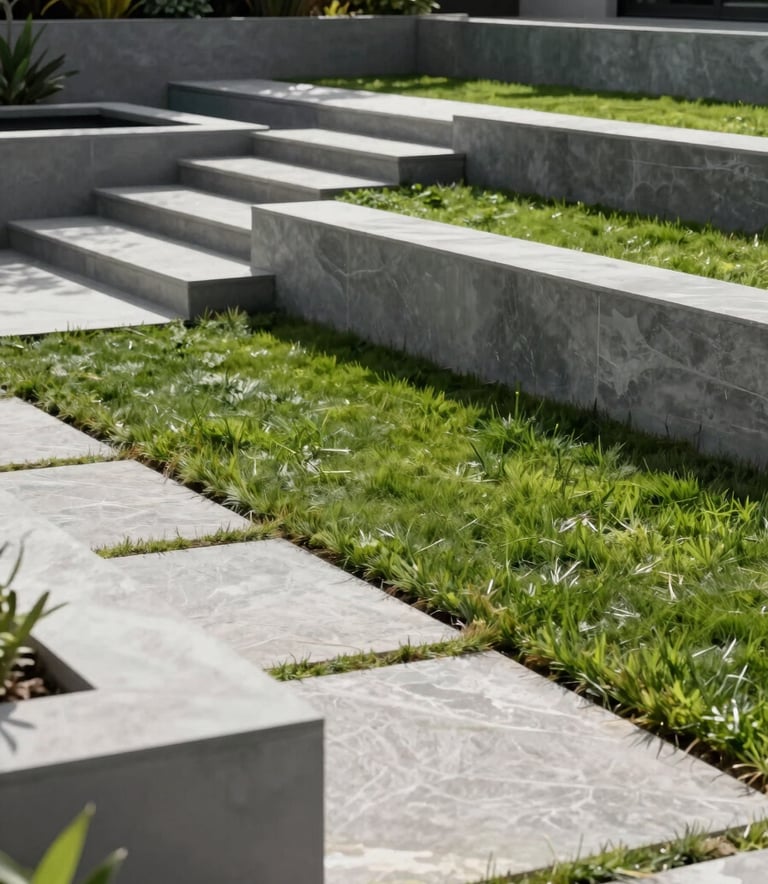 A wide-angle landscape photograph of a luxury backyard featuring multi-level concrete planters and a stone pathway. The Sage Green of the manicured lawn contrasts with the Steel Grey of the architectural elements under clear, natural lighting.