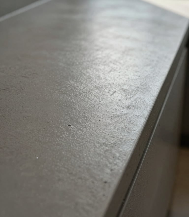 A close-up photograph of a professional decorative concrete finish. The texture shows a high-end polished surface in muted steel grey, reflecting soft natural light. The composition is a sharp angle shot highlighting the smooth, industrial craftsmanship.