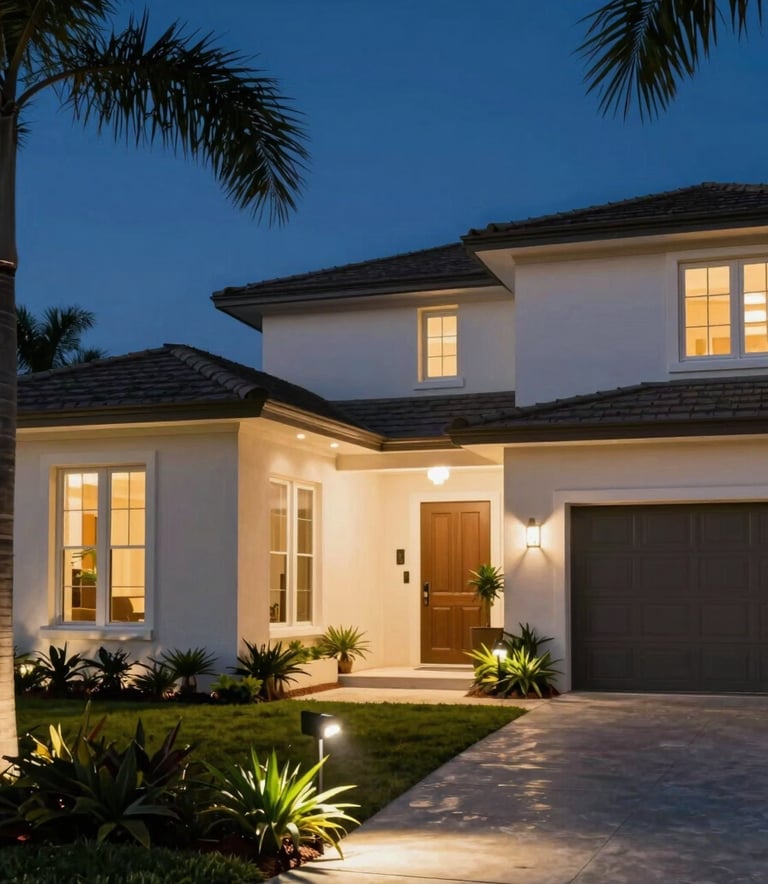 A high-end modern Florida home exterior at twilight, featuring professionally installed outdoor landscape lighting and smart security lights. The deep blue sky #021C30 provides a sophisticated backdrop for the warm, reliable glow of the electrical work.