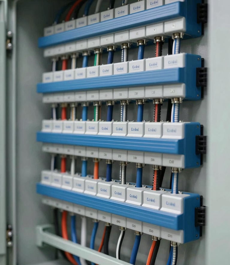 A high-quality, professional photograph of a perfectly organized commercial electrical panel with neat wiring, showcasing technical precision. Clean, bright lighting with a color palette including shades of blue and metallic silver, matching the modern professionalism of Cadtroni Electrical Solutions.