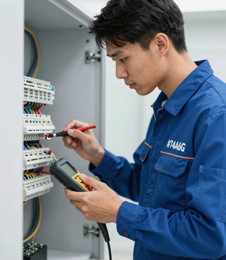 A professional electrician wearing a branded uniform, using advanced diagnostic tools to troubleshoot a residential circuit. The setting is modern and well-lit, emphasizing trust and clean work habits. Incorporates blue tones to align with #174A6F brand colors.
