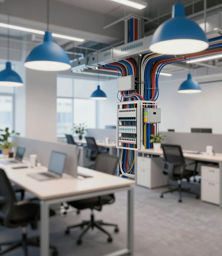 A wide shot of a modern office interior with a complex, perfectly organized electrical wiring system and designer pendant lighting installed. Bright and professional aesthetic with blue accents #174A6F.