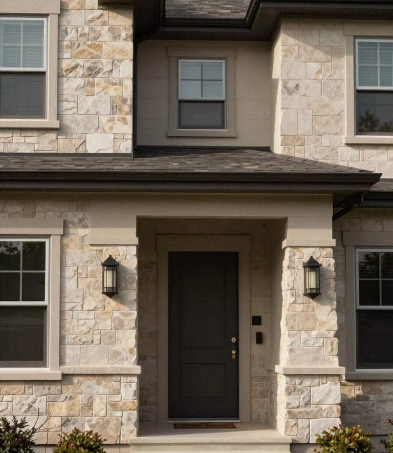 A clean, modern facade of a North American / US home, highlighting meticulous design details in muted taupe and warm beige stone.