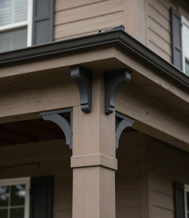 A close-up shot of a meticulously painted exterior of a North American / US home. The composition focuses on the sharp contrast between earthy taupe trim and deep charcoal decorative elements. The finish is flawless, representing high-quality execution and attention to detail.