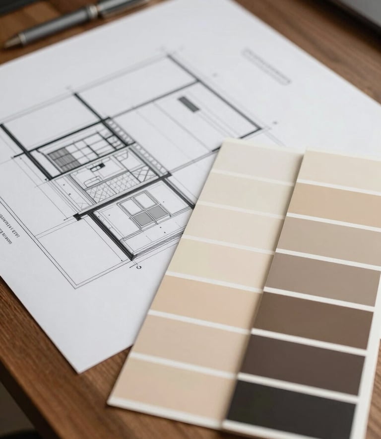 A designer's desk in a North American / US home office, showing architectural facade plans and high-quality paint swatches in warm beige and deep charcoal.