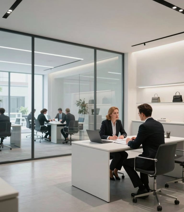 A modern Central European retail space or a high-end office meeting room with glass walls, showing a professional consultant working at a desk in a bright, light gray environment.