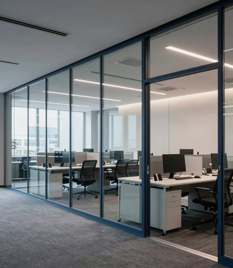 A contemporary business office interior in Central Europe, featuring clean lines, glass partitions, and a professional atmosphere with steel blue and muted grey accents.