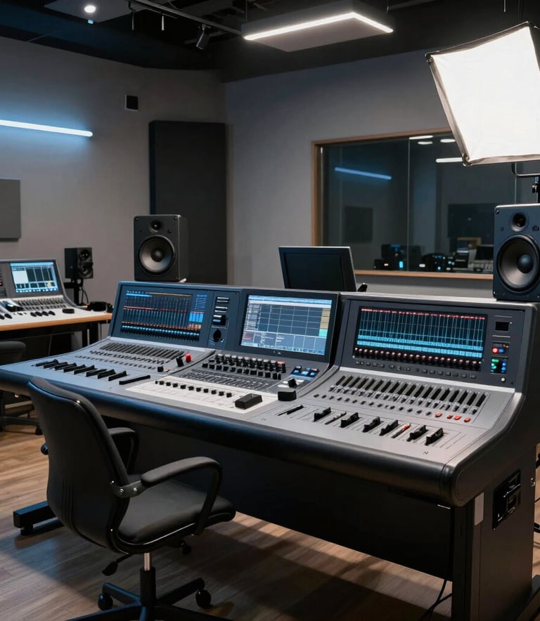 A professional high-end audio-video production studio in Bratislava with modern lighting and high-tech equipment. The scene features steel blue and charcoal tones, reflecting a sophisticated Central European creative workspace.
