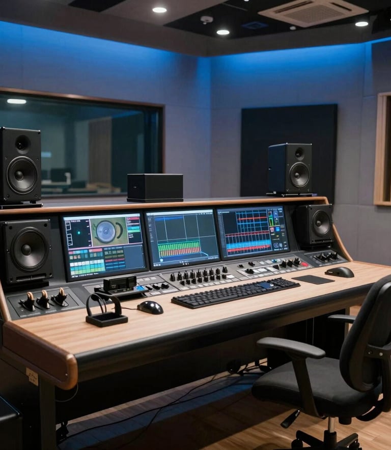 A professional audio-video recording studio in a modern Central European setting, featuring sleek equipment, soft steel blue ambient lighting, and a focused atmosphere for creative production.