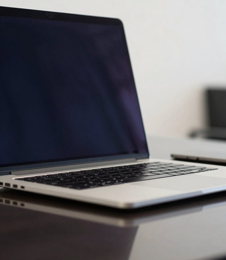 A close-up of a high-end laptop on a polished desk in a modern North American / US executive suite, with soft Deep Navy lighting reflecting off the glass surface and a clean Off-White wall in the background.