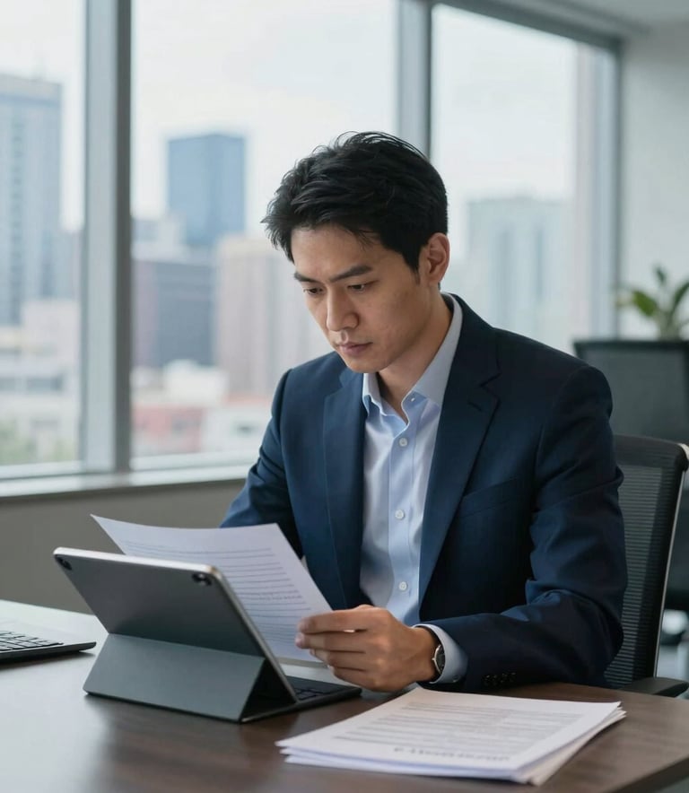 A focused professional in a modern Global / Professional office setting, reviewing documents on a sleek tablet. The background features a blurred view of a city skyline through large windows. The scene is lit with natural morning light, incorporating Ocean Blue and Midnight Navy tones in the office decor.