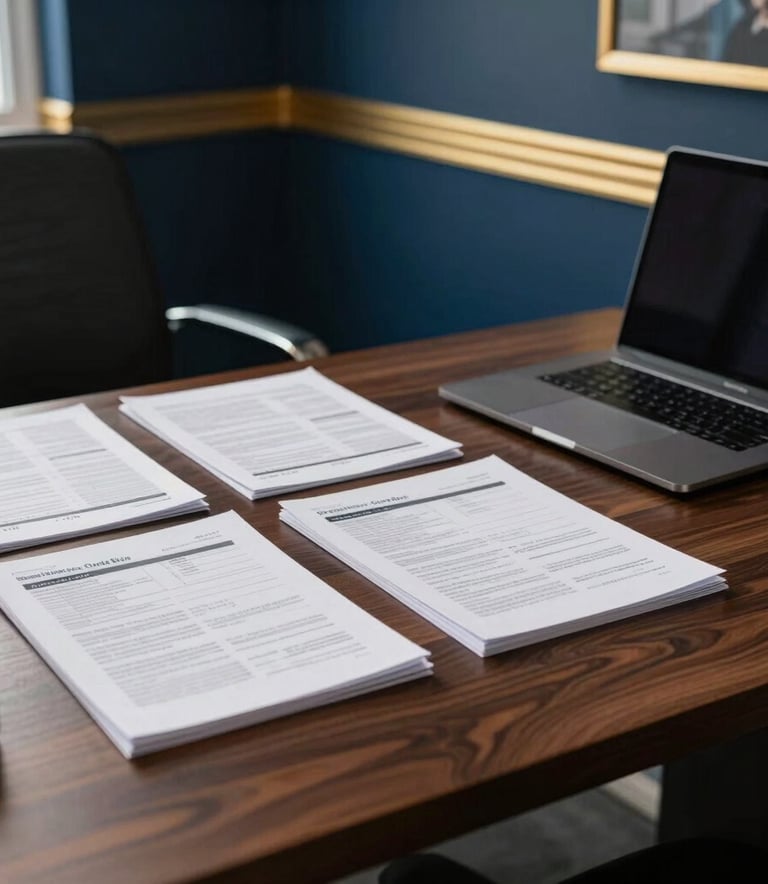 A professional office setting in San Jose, Costa Rica. A dark wood desk features neatly organized tax documents and a modern laptop. The lighting is soft and natural, with elegant navy blue and gold accents visible in the room decor.