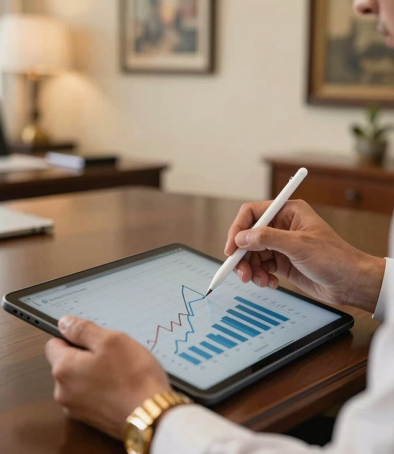 A detailed shot of a financial expert's hands using a stylus on a tablet showing growth charts. The person wears a crisp white shirt and a gold watch. The setting is a high-end office in Central America with warm cream-colored walls and elegant office decor.