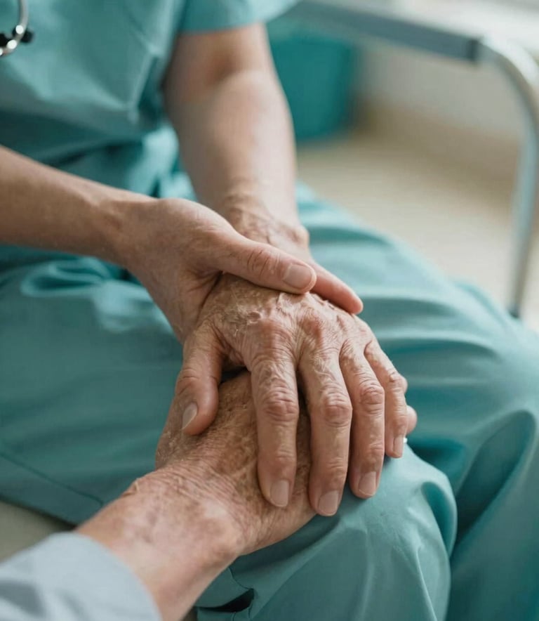 A close-up photograph capturing a compassionate moment where a healthcare professional's hand is gently resting on an elderly person's hand in a North American / US medical setting. The lighting is warm and natural. The colors include soft aqua and muted teal accents in the background.
