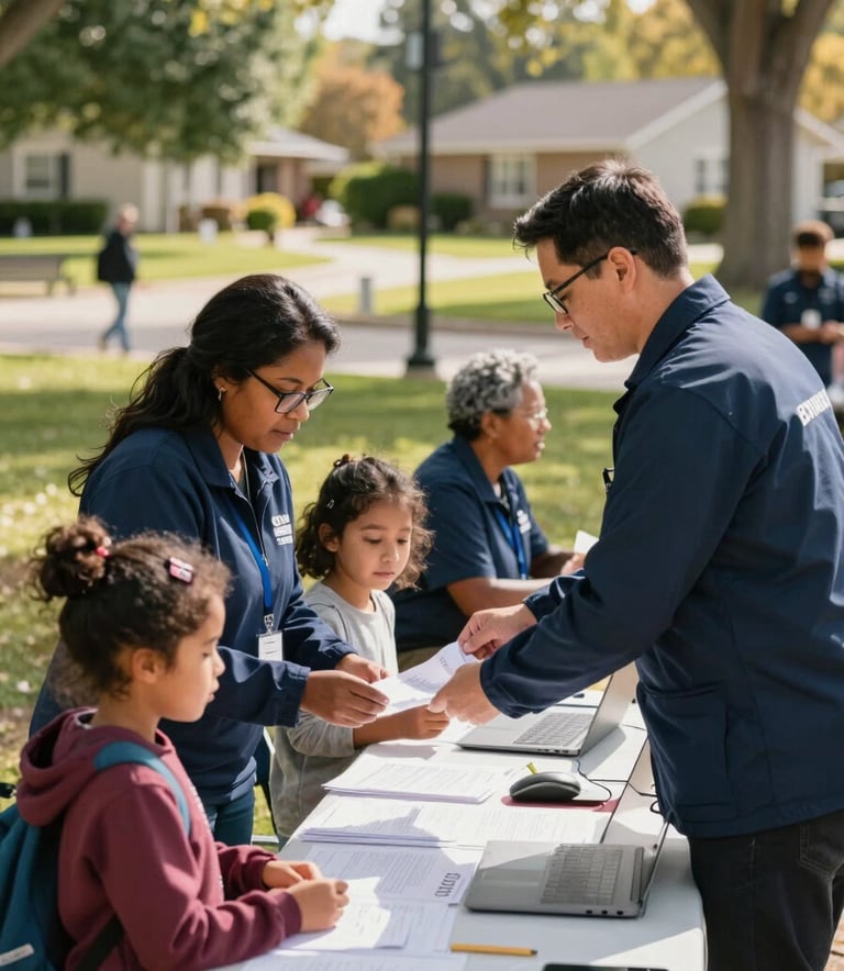 A diverse community health fair in a sunny North American / US suburban park, featuring professional staff in Dark Slate Blue jackets assisting families in a warm and welcoming environment.