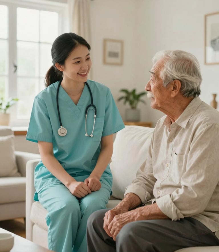A warm and inviting scene showing a professional caregiver and a senior citizen sharing a conversation in a brightly lit North American / US living room. The room is decorated in bone white and soft aqua tones, exuding empathy and professional warmth.