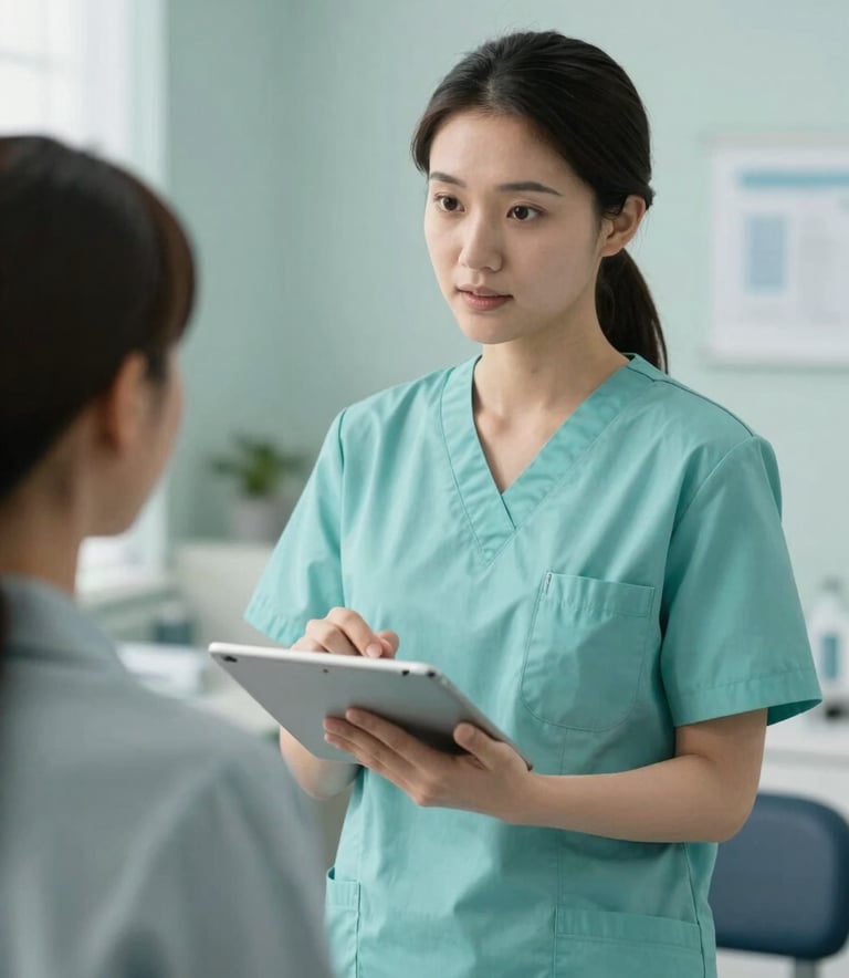 A professional nurse in a North American / US medical clinic setting, using a tablet to explain health data to a patient in a room accented with Soft Aqua and Muted Teal tones.