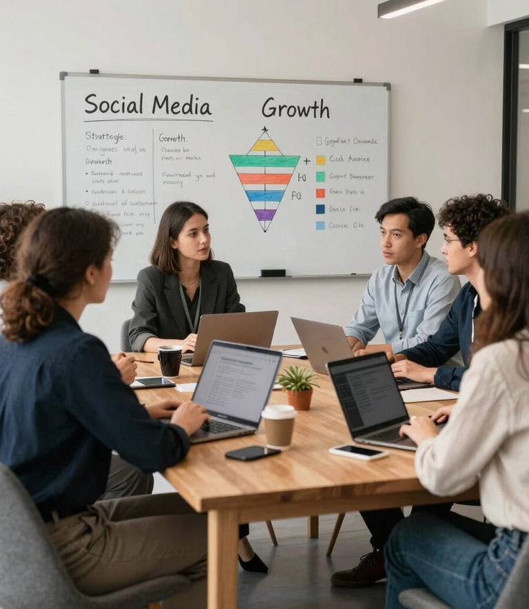 A collaborative team meeting in a bright, modern office with Scandinavian furniture. A whiteboard displays strategic social media plans and growth funnels. The atmosphere is professional, North American / International.