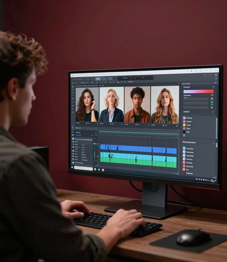 A high-end North American digital studio where a creative professional is editing high-resolution social media content on a monitor. The room features deep ripe crimson and charcoal accents.