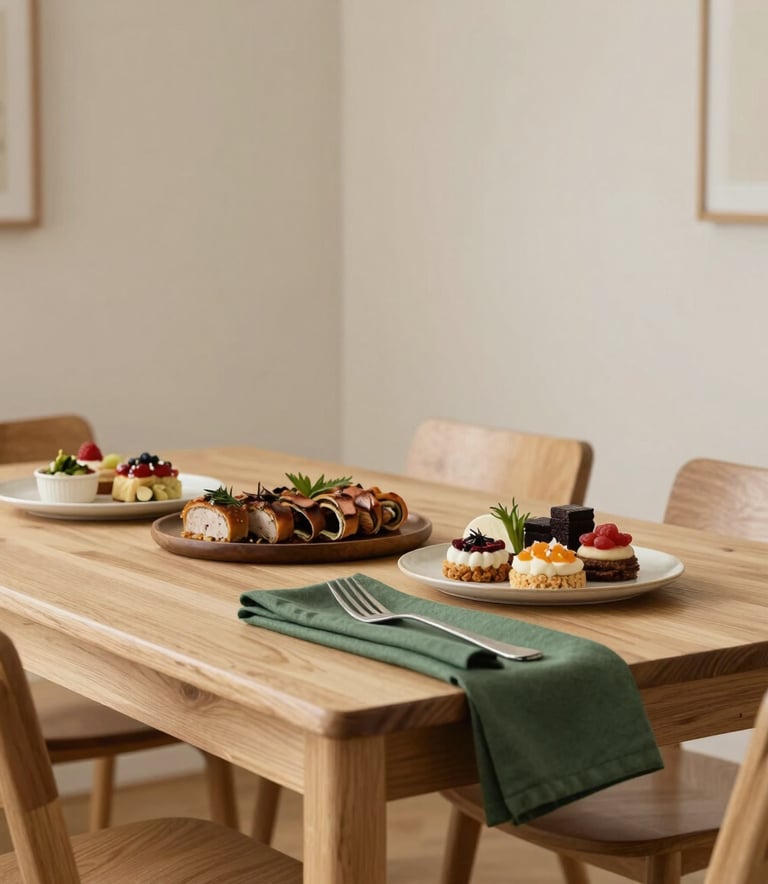 A cozy, Scandinavian-style dining room in North America. Crisp parchment colored walls and light wood furniture. On a table, gourmet food is artfully arranged next to a matte forest green napkin.