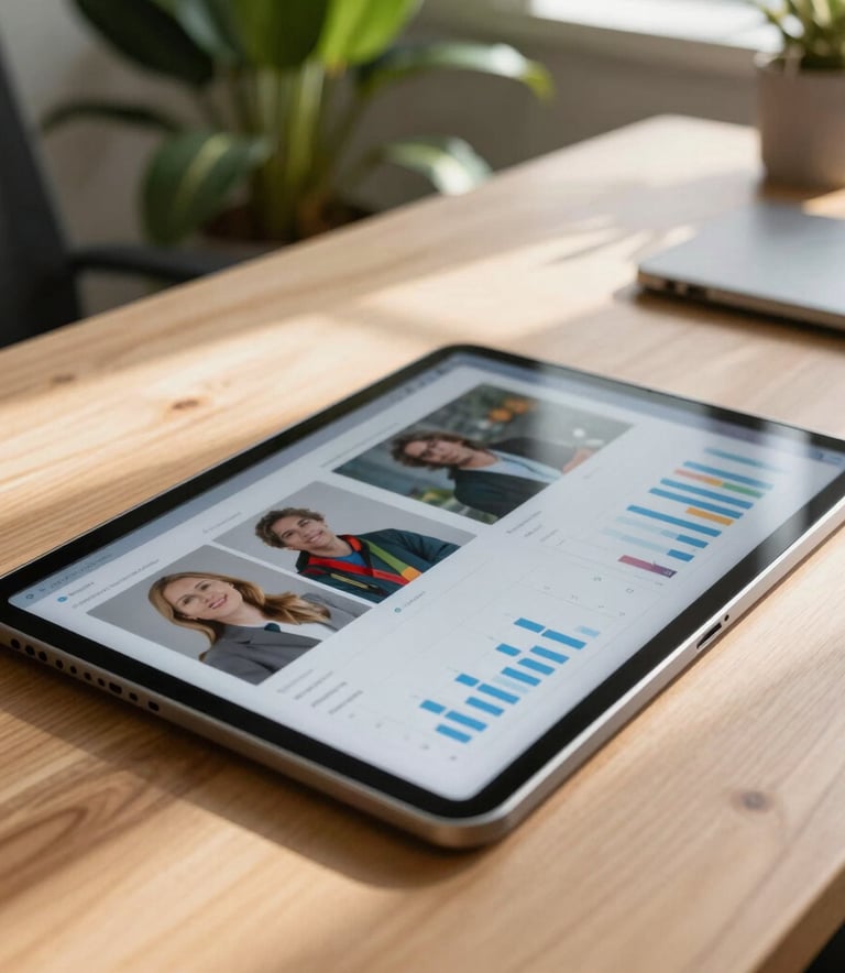 A close-up photograph of a professional digital tablet showing social media engagement analytics, resting on a clean wood desk in a sunlit North American / International office. The atmosphere is sophisticated and strategic with Matte Forest Green plant accents in the background.