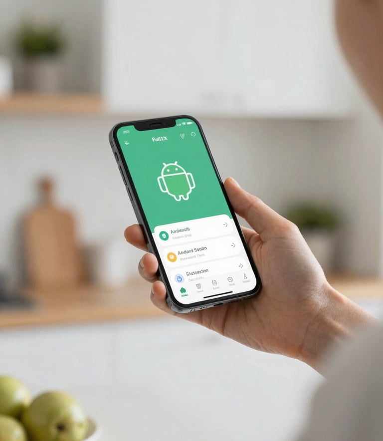 An lifestyle shot of a person using an Android app on their phone while standing in a bright, modern kitchen. The app interface is clearly visible and looks intuitive and approachable. The scene uses #2E6C6C and #F0F8F8 tones for a clean look.