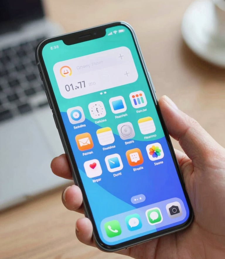 A close-up of a human hand holding a modern Android smartphone. The screen displays a colorful, vibrant interface with soft-edged interactive widgets in #74A7A7 and #2E6C6C. The lighting is bright and professional, suggesting a productive daily environment.