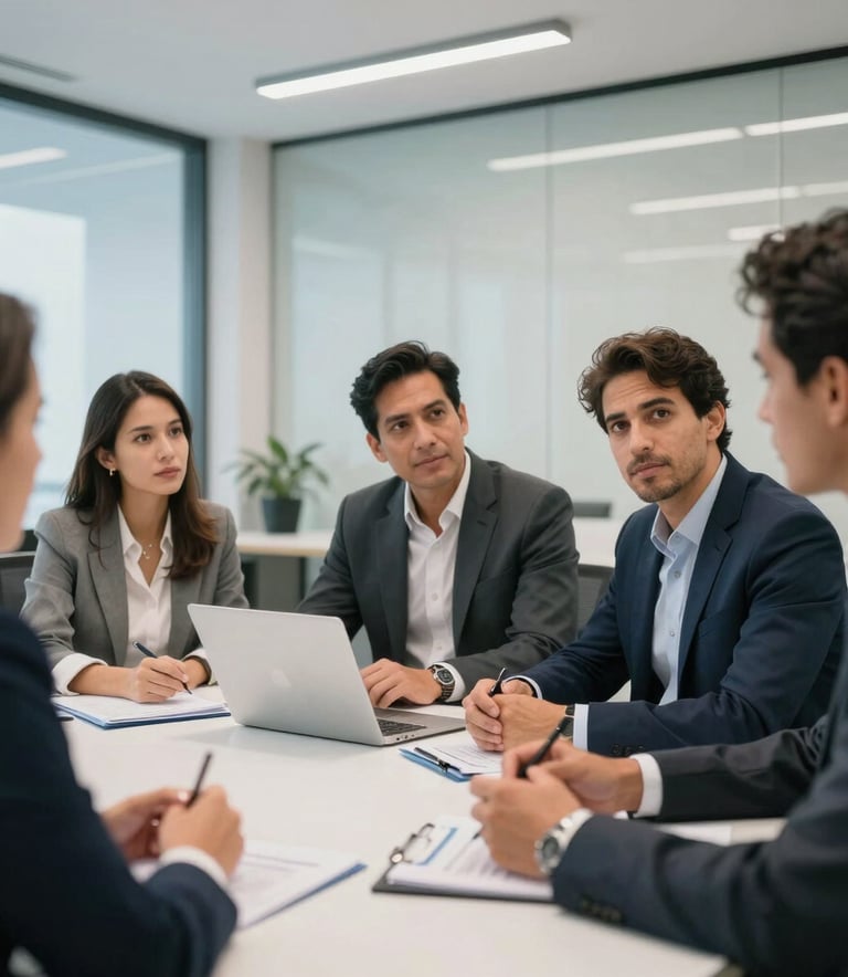 A professional corporate consulting team in a modern South American / Brazilian office, discussing employee benefits, bright white and blue ambient lighting, conveying trust and innovation.