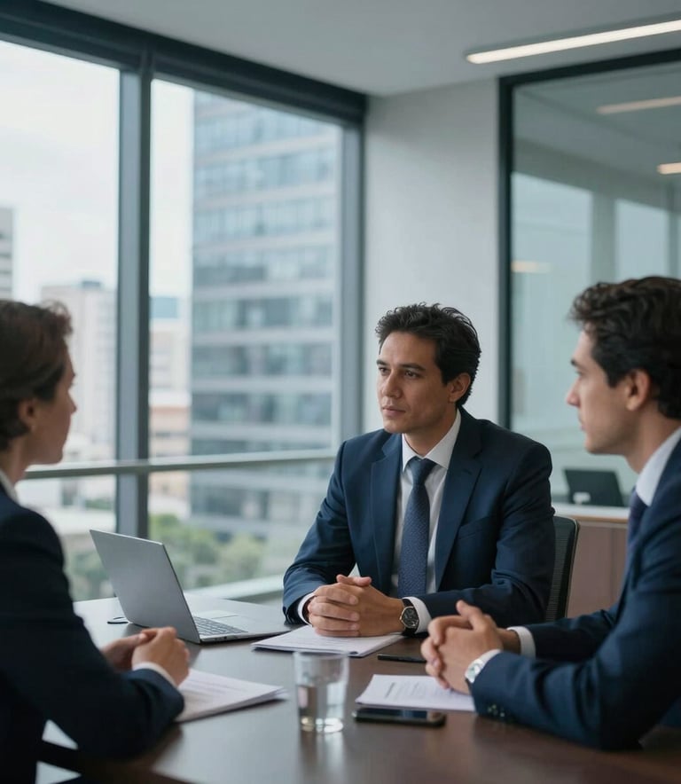 Professional photography of a South American / Brazilian executive meeting in a modern glass-walled office overlooking a city. Soft natural lighting, corporate attire, and a sophisticated atmosphere with deep blue and white tones.