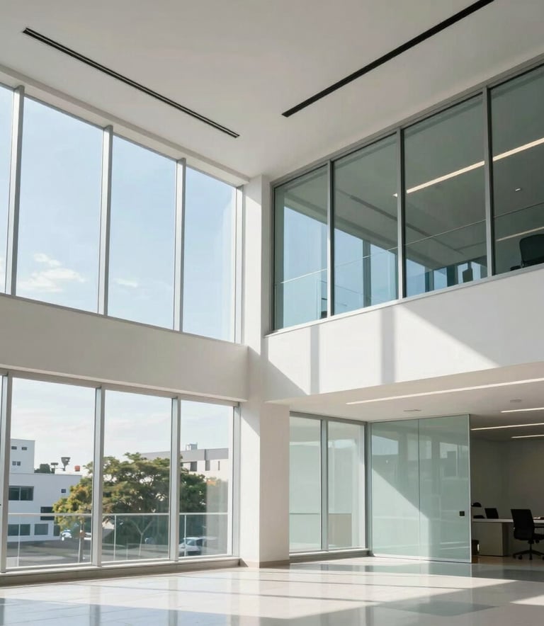 Photography of a modern Brazilian corporate office building interior with light streaming through large windows, showcasing a professional and innovative environment. Clean lines, white and light blue color palette.