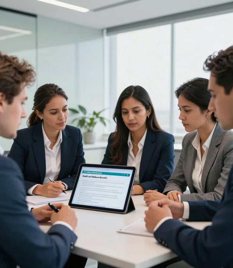 A diverse group of South American / Brazilian corporate executives reviewing health and wellness benefit plans on a digital tablet in a sophisticated modern office with blue and white accents, bright natural lighting, highly professional and authoritative composition.