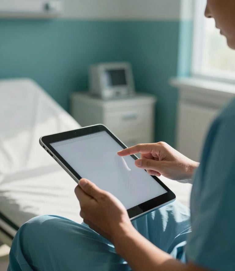 A close-up of a patient in a comfortable, sunlit Oceanian / Australian medical suite, interacting with a sleek tablet device, the room featuring dark teal and pale mist decor, soft natural lighting.