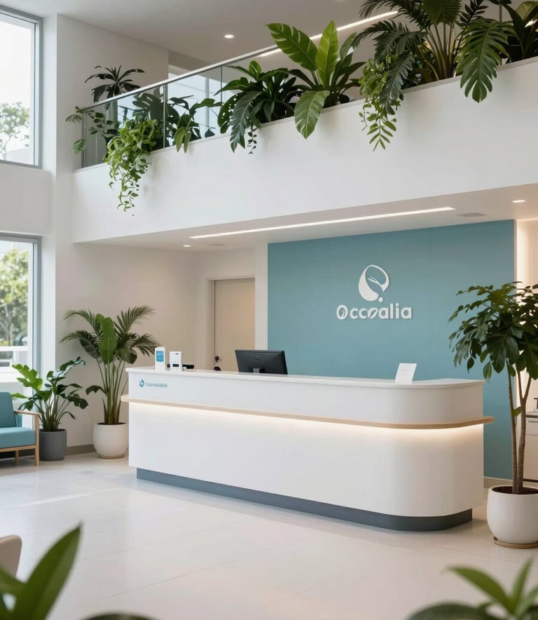 A wide-angle shot of a serene and modern Oceanian / Australian medical reception area with soft blue accents, featuring lush indoor plants and clean white surfaces, professional atmosphere.