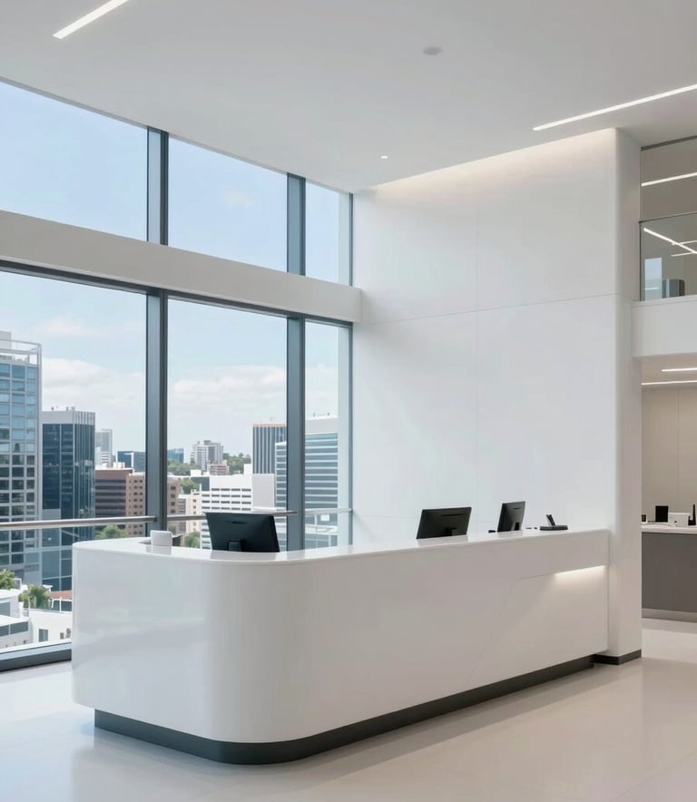 A high-end, contemporary medical reception area in Sydney, Australia, featuring minimalist architecture, large windows with city views, and a clean, mist white and sky blue color palette, emphasizing a professional and welcoming mood.