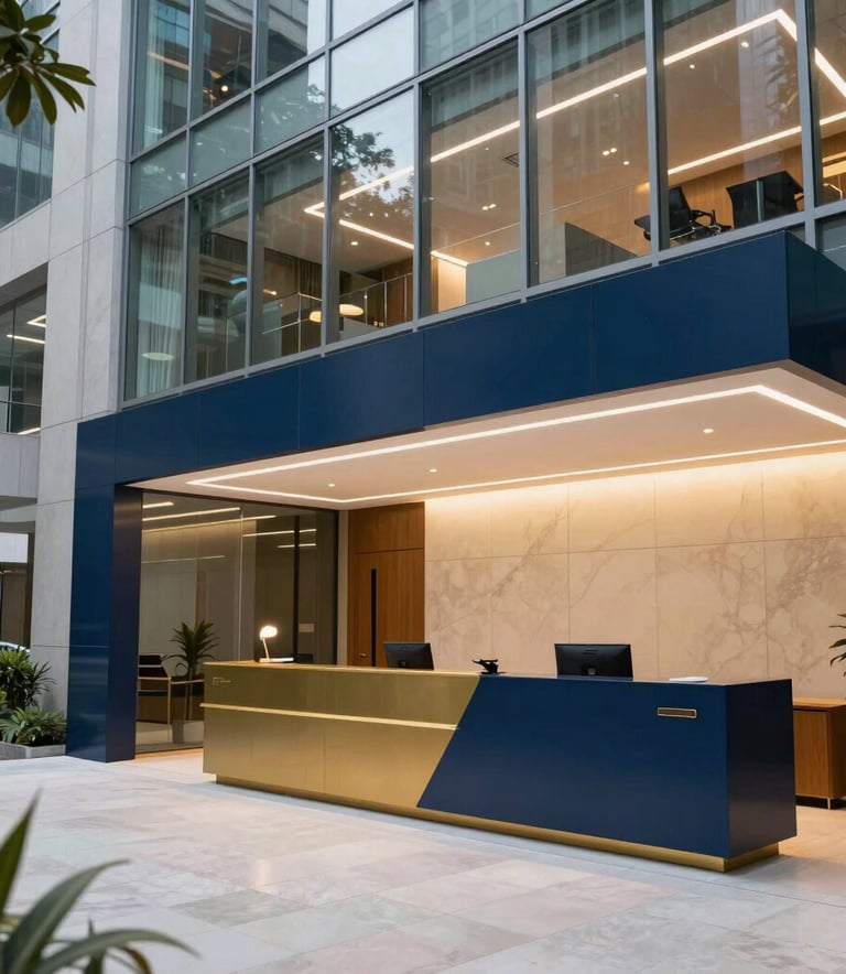 Wide shot of a modern, brightly lit reception area in a Brazilian corporate building, emphasizing glass, steel, and a professional atmosphere, with navy blue and matte gold accents.