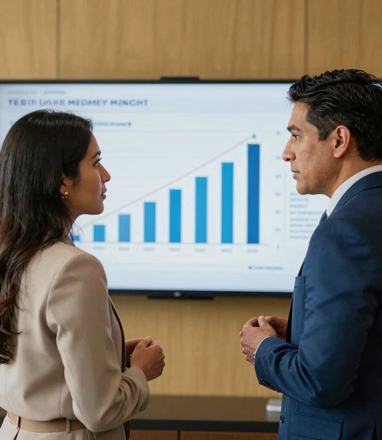 Medium shot of two South American professionals in business casual attire discussing metrics in front of a screen, Muted Gold and Steel Blue office decor, professional corporate style.