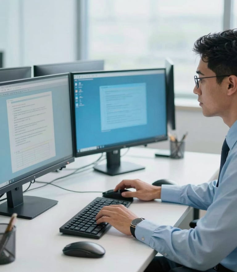 A professional South American person in business attire working efficiently at a clean, modern workstation with multiple monitors, bright and airy office background, pale ice blue and steel blue tones.