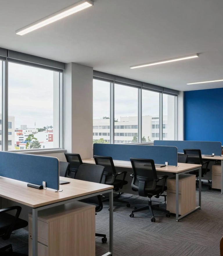 Wide shot of a clean, modern Brazilian corporate office with large windows, Steel Blue and Deep Ocean Blue accents, featuring ergonomic workstations and professional atmosphere.