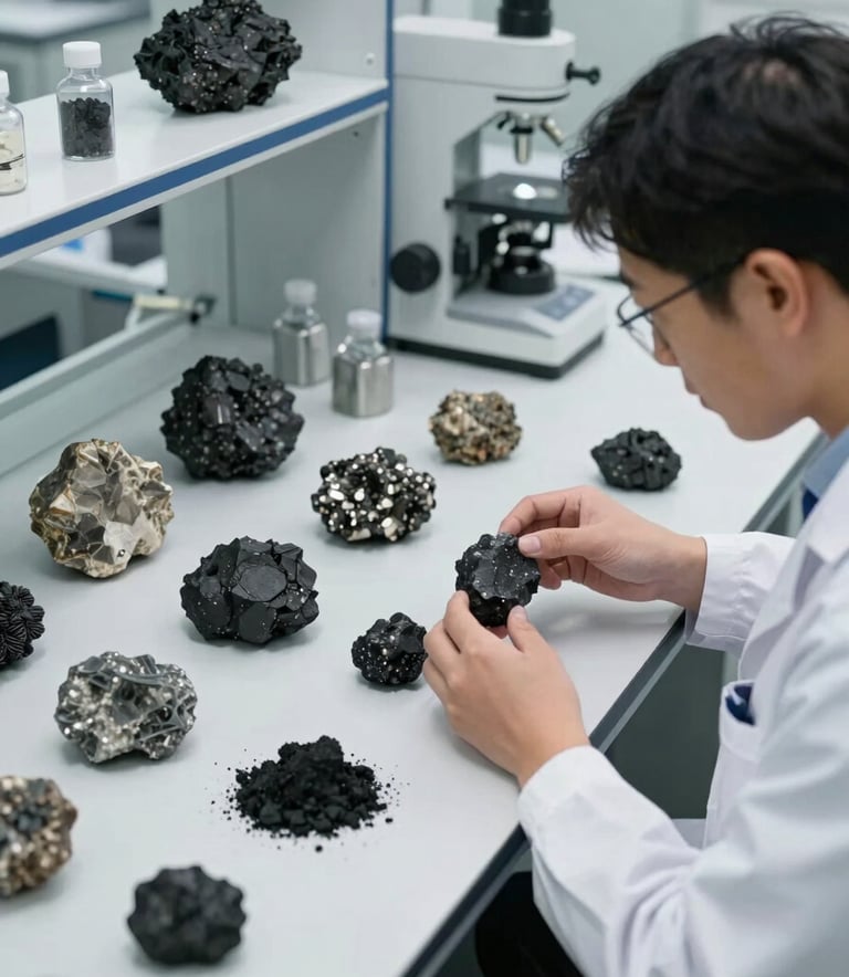 Professional high-angle photography of premium raw minerals and coal samples being meticulously inspected by an expert in a clean, sophisticated industrial laboratory. The setting is modern and international, featuring a palette of steel grey and off-white with crisp, clean lighting.