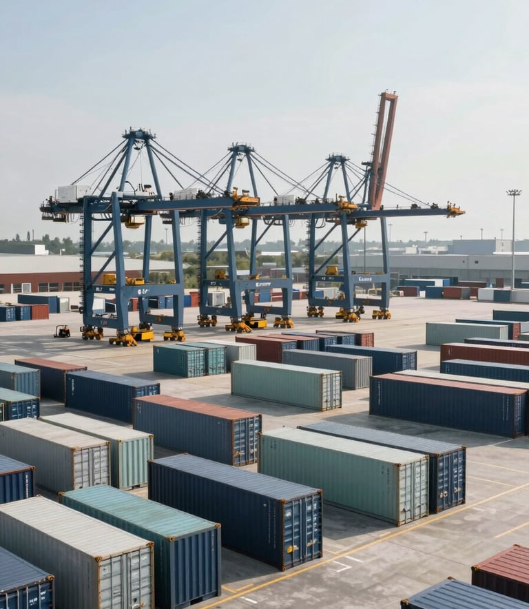 Wide-angle photography of a clean, modern logistics terminal with rows of containers and heavy lifting cranes. International / Global atmosphere. Bright, professional lighting, corporate style, with accents of charcoal grey and muted sage blue.