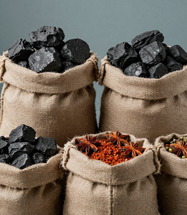 Close-up cinematic shot of high-quality coal and vibrant exotic spices in burlap sacks, professional studio lighting, International / Global sourcing context. Muted sage blue and charcoal grey tones.