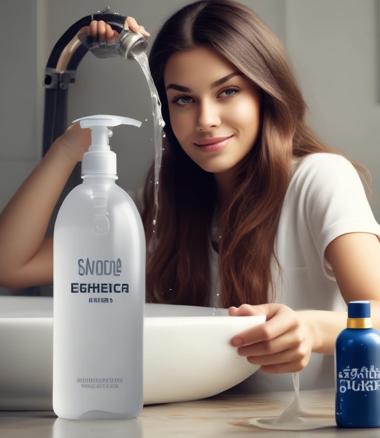 Close-up of a hand gently using a fragrant handwash bottle in a bright, clean bathroom setting.