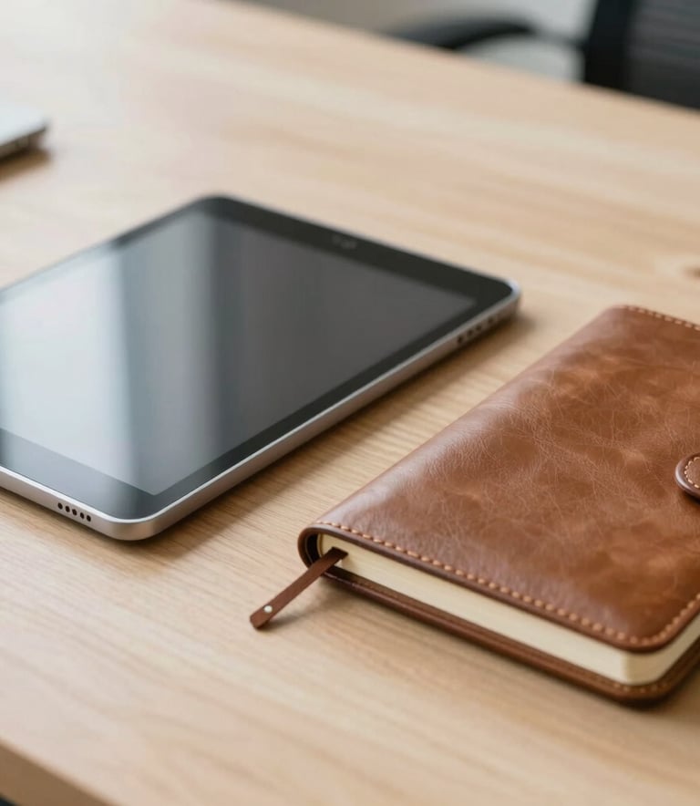 A close-up photograph of a sleek tablet and a professional leather-bound notebook on a clean, light wood desk in a bright North American office, representing productivity and organized planning.